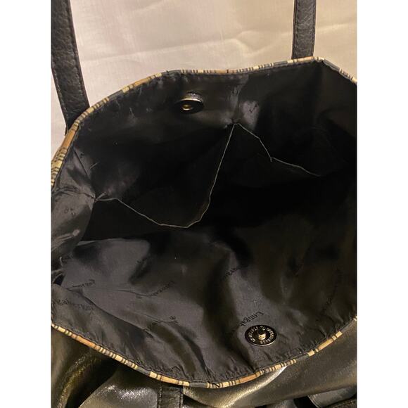 Longaberger Canvas Leather Small Tote / Purse 9 X 11 in. Brown Tan Black Stripes - Picture 9 of 13